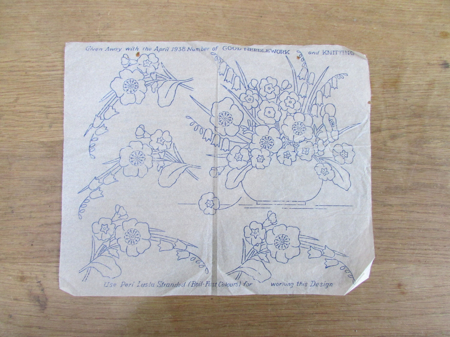 Unused April 1938 Good Needlework & Knitting Magazine spring flower in vase, and corner flowers embroidery transfer