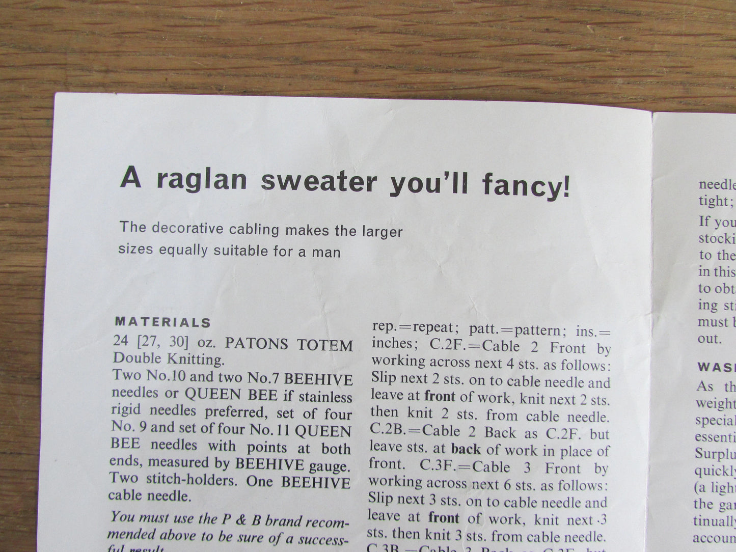 1960s Patons No.1408 knitting pattern for raglan sweater
