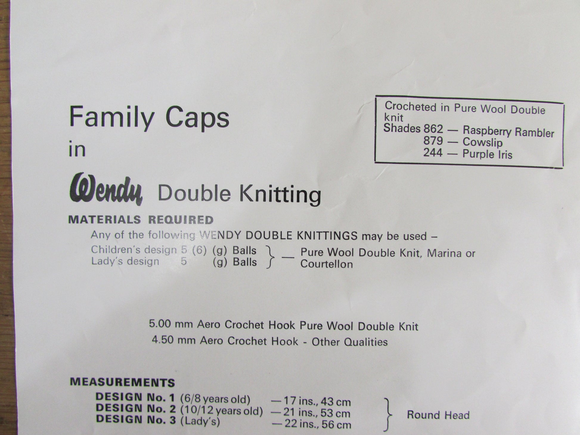 1970s Wendy 1422 knitting pattern for family caps