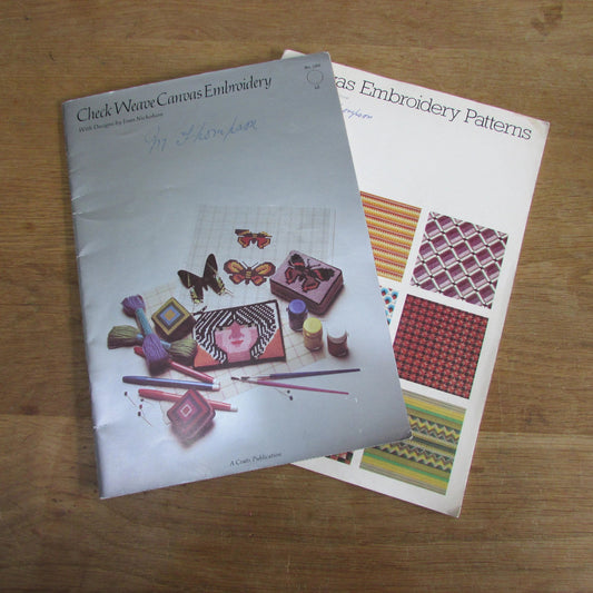Two 1970s Coats Publication pattern booklets; Check Weave Canvas Embroidery with Designs, and Canvas Embroidery Patterns