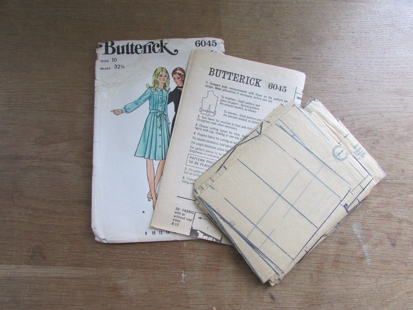 Used 1960s/70s Butterick 6045 sewing pattern for misses' one-piece dress, size 10 (complete)