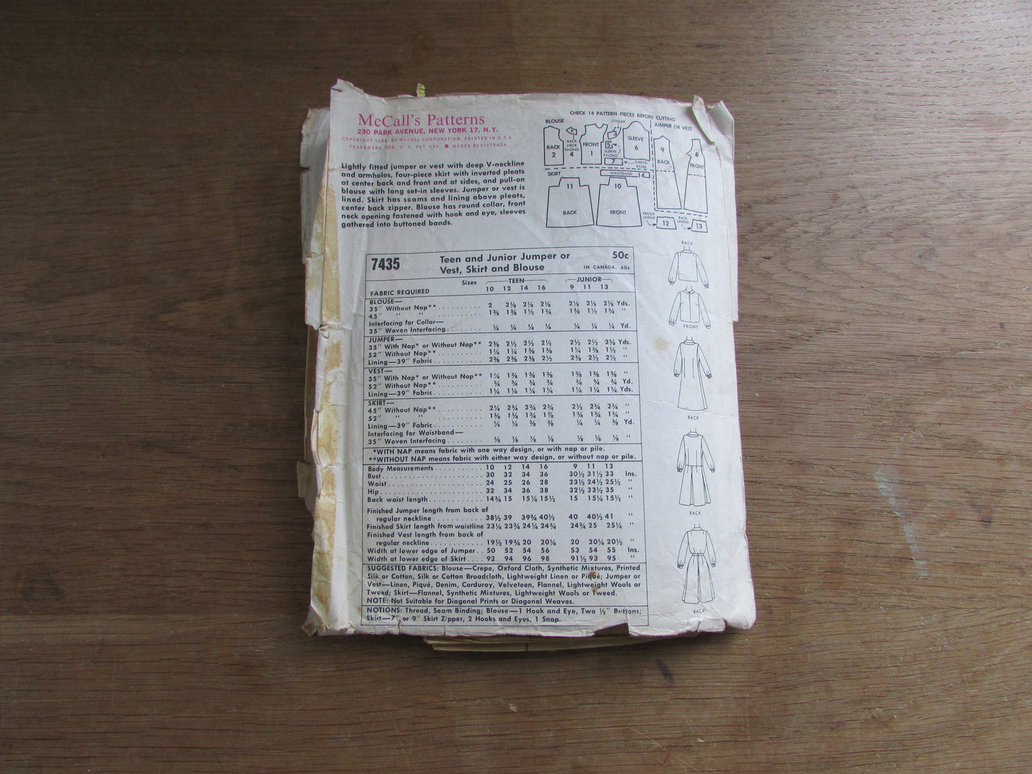Part cut 1964 McCall's 7435 sewing pattern for teen & junior jumper or vest, skirt and blouse, size 14T (complete)