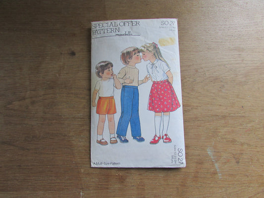 Part cut 1970s Maudella SO27 sewing pattern for child's trousers, shorts & skirt, ages 1/2 to 5/6 years (complete, cut to larger size)
