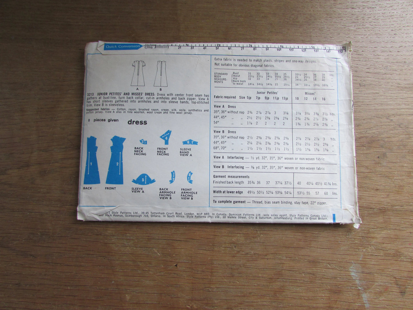 Used 1971 Style 3213 sewing pattern for junior petites' & misses' dress, size 9 (complete)