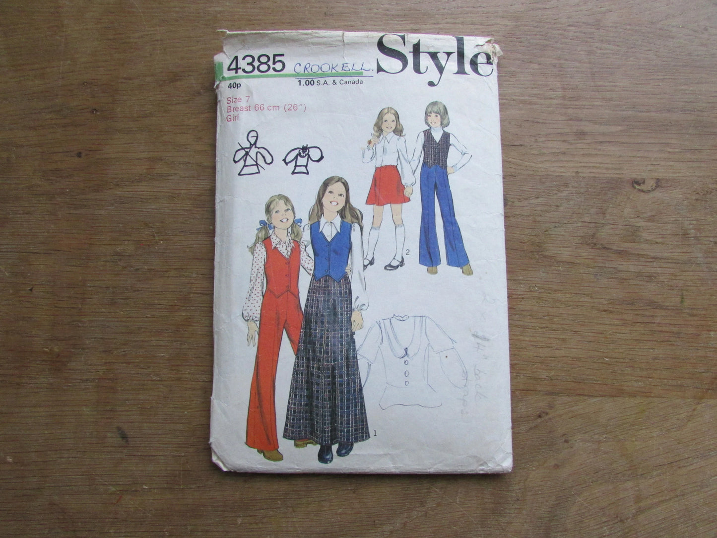 Part cut 1973 Style 4385 sewing pattern for girl's skirt, waistcoat, trousers & blouse, size 7 (complete)