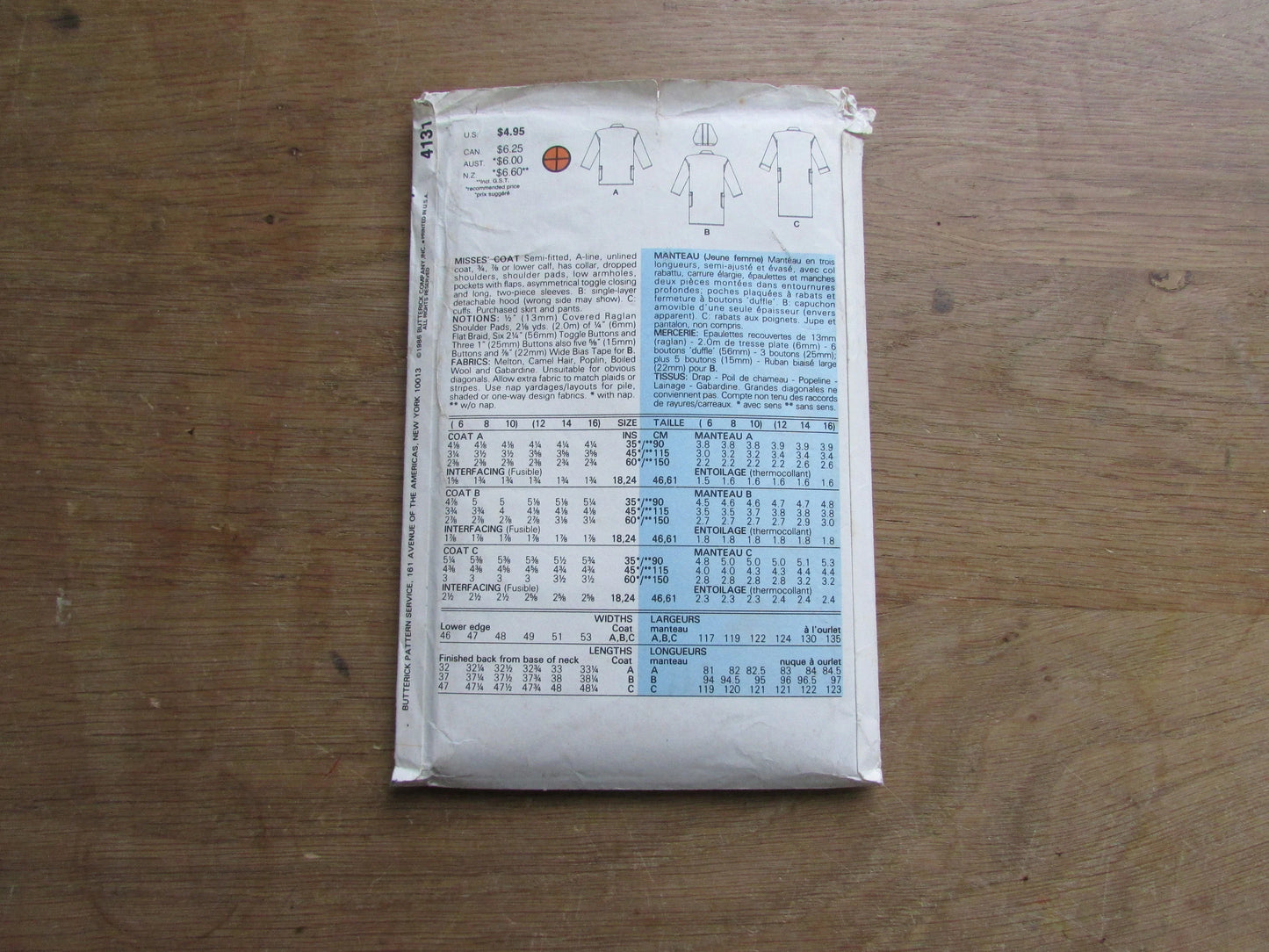 Uncut 1986 Butterick 4131 sewing pattern for misses' coat, sizes 12-16 (complete)