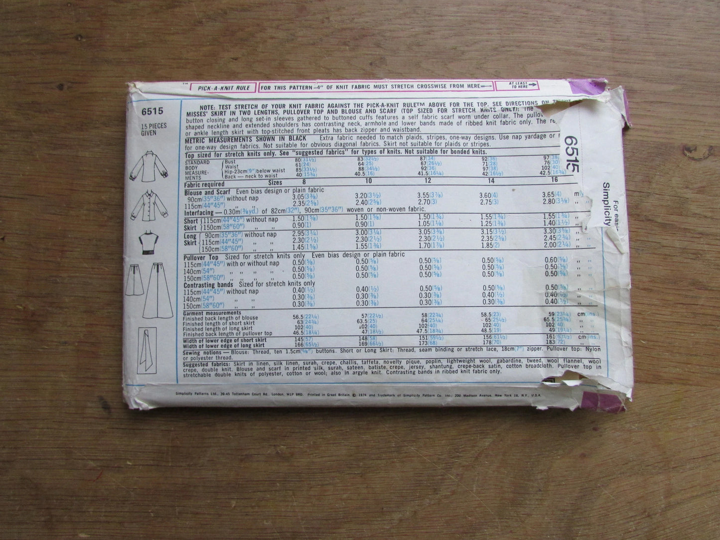 Part cut 1974 Simplicity 6515 sewing pattern for misses' skirt, pullover top, blouse & scarf, size 10 (see description below)