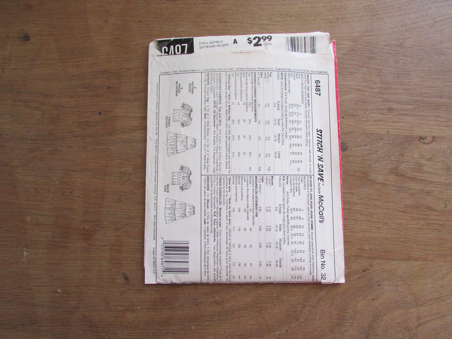 Uncut 1993 McCall's 6487 misses' top & skirt, size XS - S (complete)