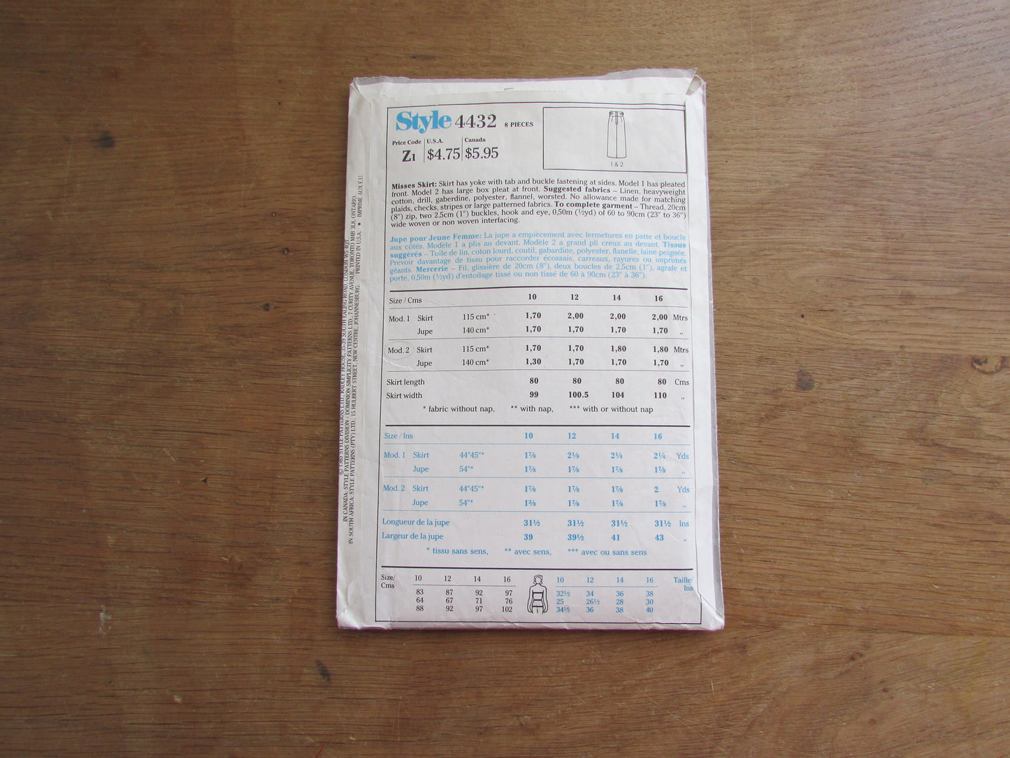 Part cut 1985 Style 4432 sewing pattern for misses' skirt, sizes 10 to 14 (cut to size 14, complete)