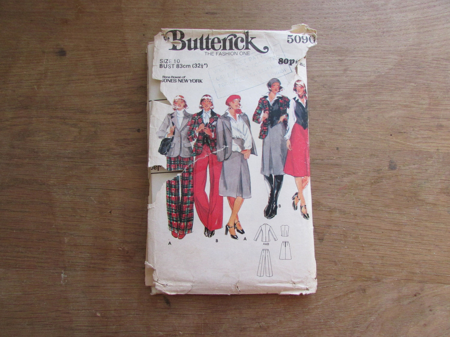 Part cut 1978 Butterick 5090 Rena Rowan sewing pattern for misses' vest, jacket, skirt & pants, size 10 (see description below)