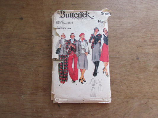 Part cut 1978 Butterick 5090 Rena Rowan sewing pattern for misses' vest, jacket, skirt & pants, size 10 (see description below)