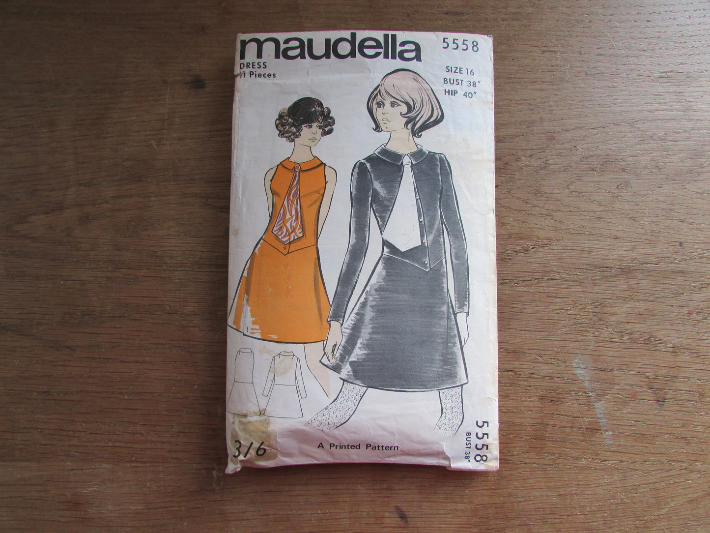 Part cut 1960s Maudella 5558 sewing pattern for misses' loose-fitting dress, sizes 8-16 (complete, see description below)