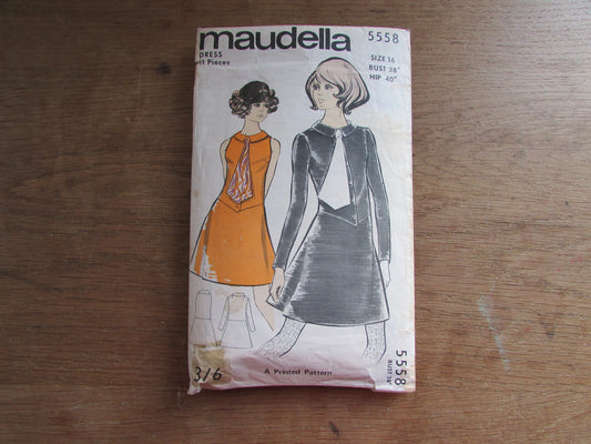 Part cut 1960s Maudella 5558 sewing pattern for misses' loose-fitting dress, sizes 8-16 (complete, see description below)