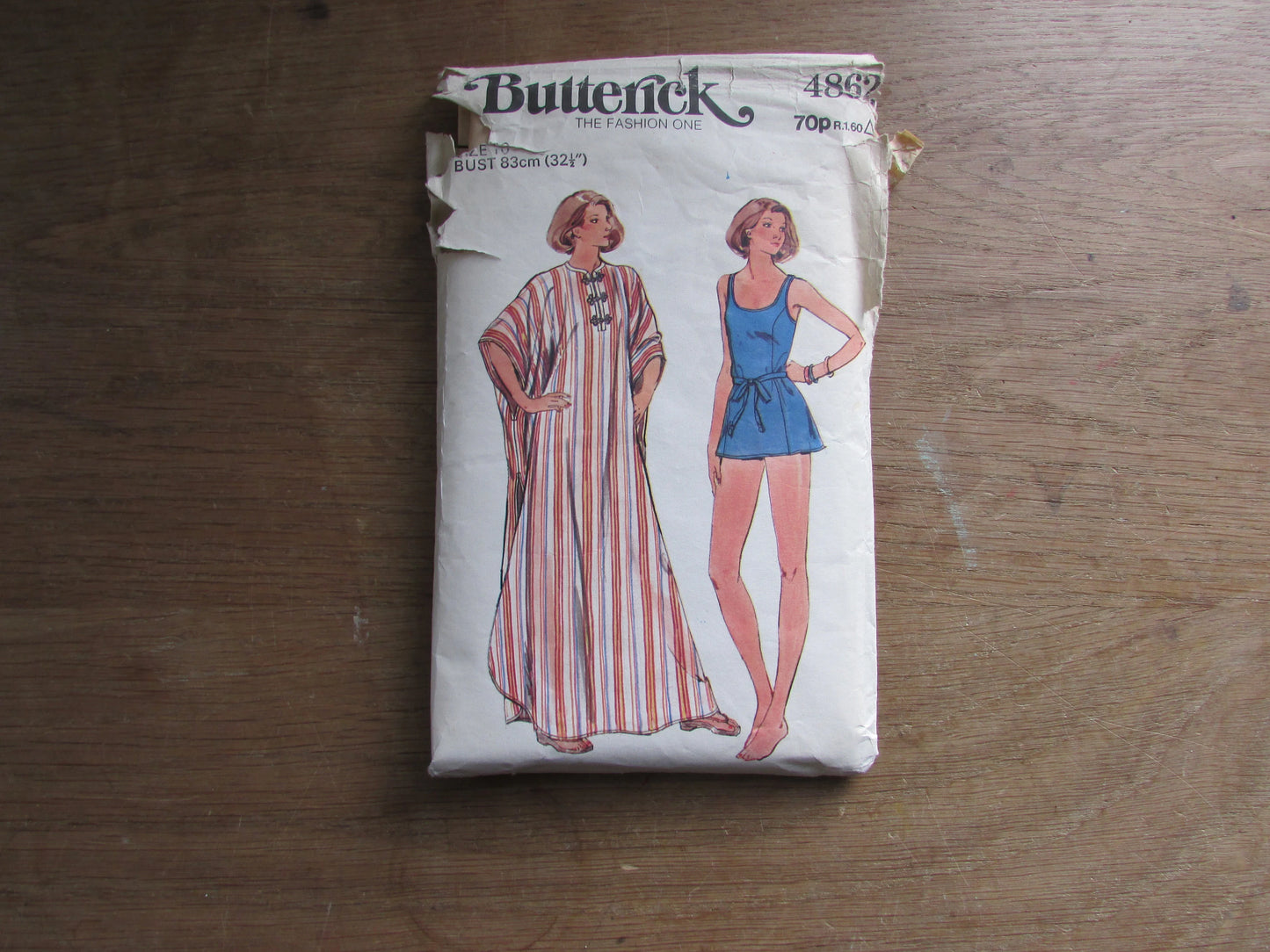Part cut 1970s Butterick 4862 sewing pattern for caftan, briefs, swimsuit & belt, size 10 (complete)