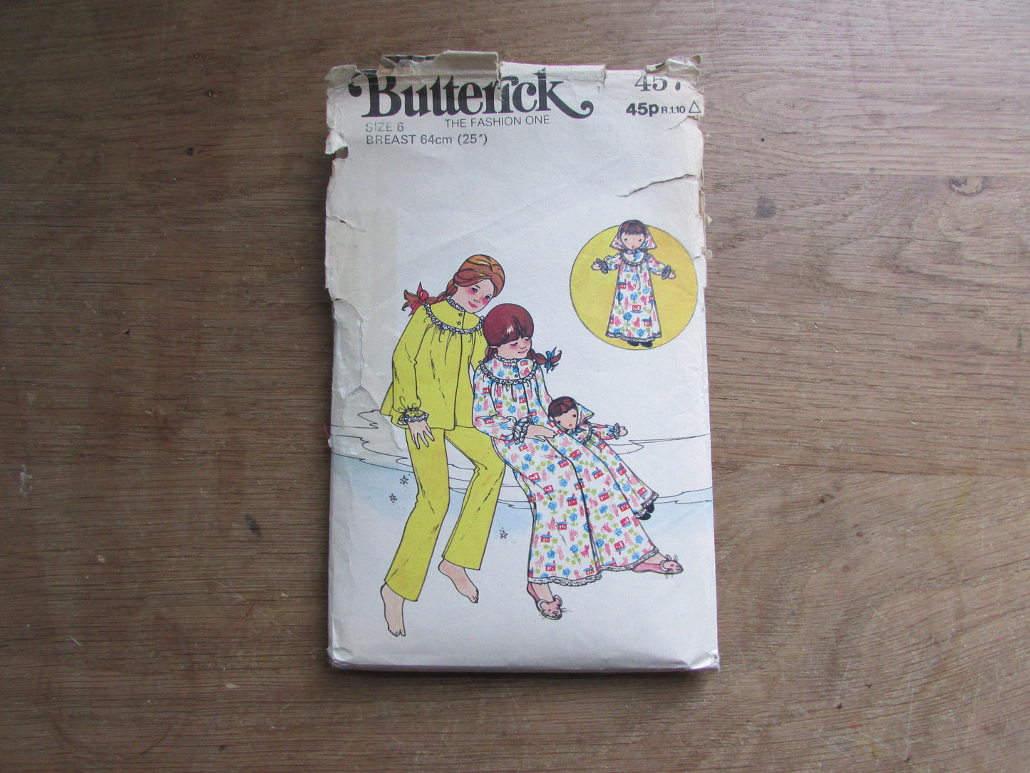 Part cut 1970s Butterick 4570 sewing pattern for children's & girls' nightgown, pajamas and doll, size 6 (complete)