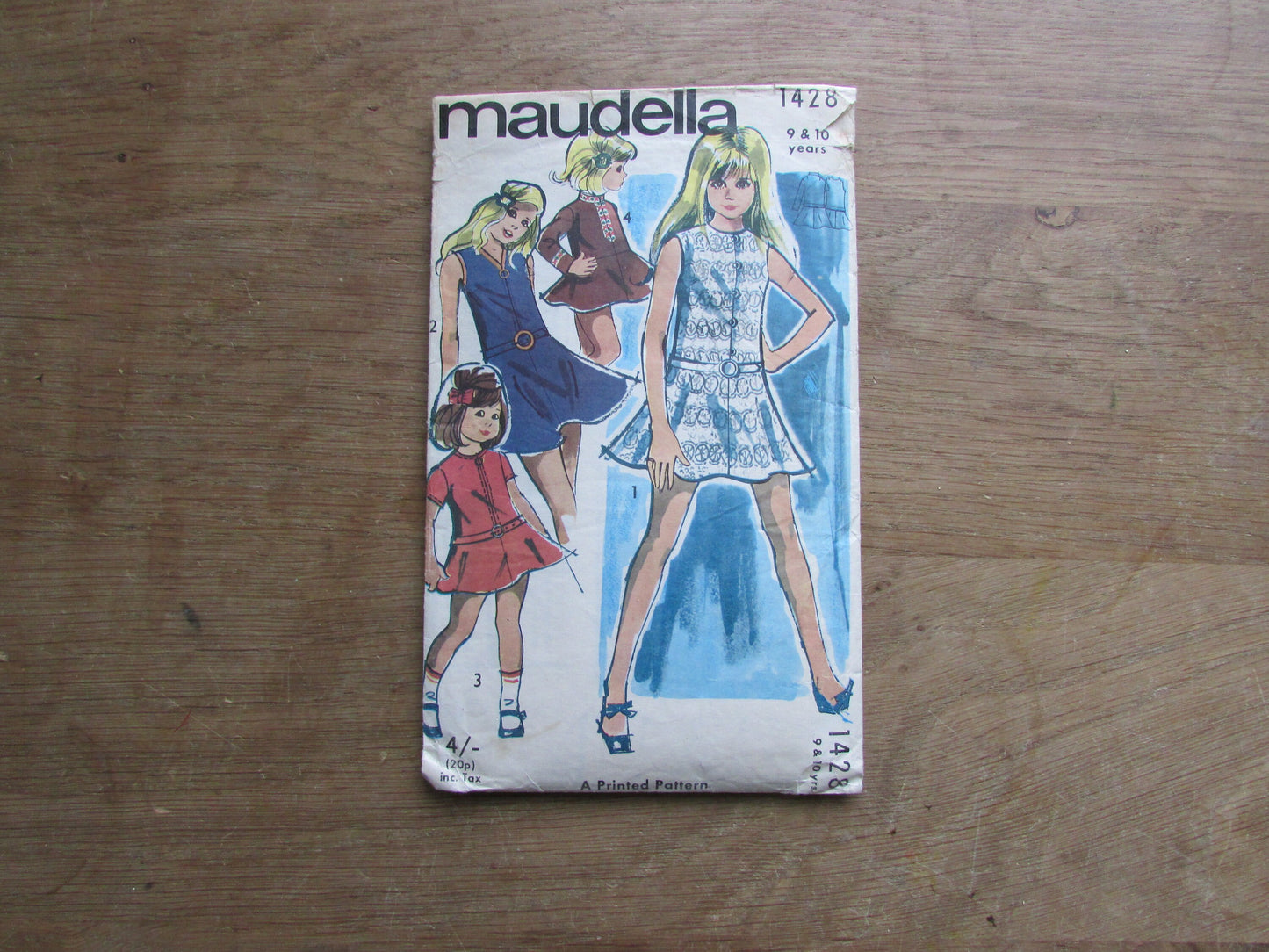 Part cut 1970s Maudella 1428 sewing pattern for child's 4 way dress, age 9 & 10 years (complete)