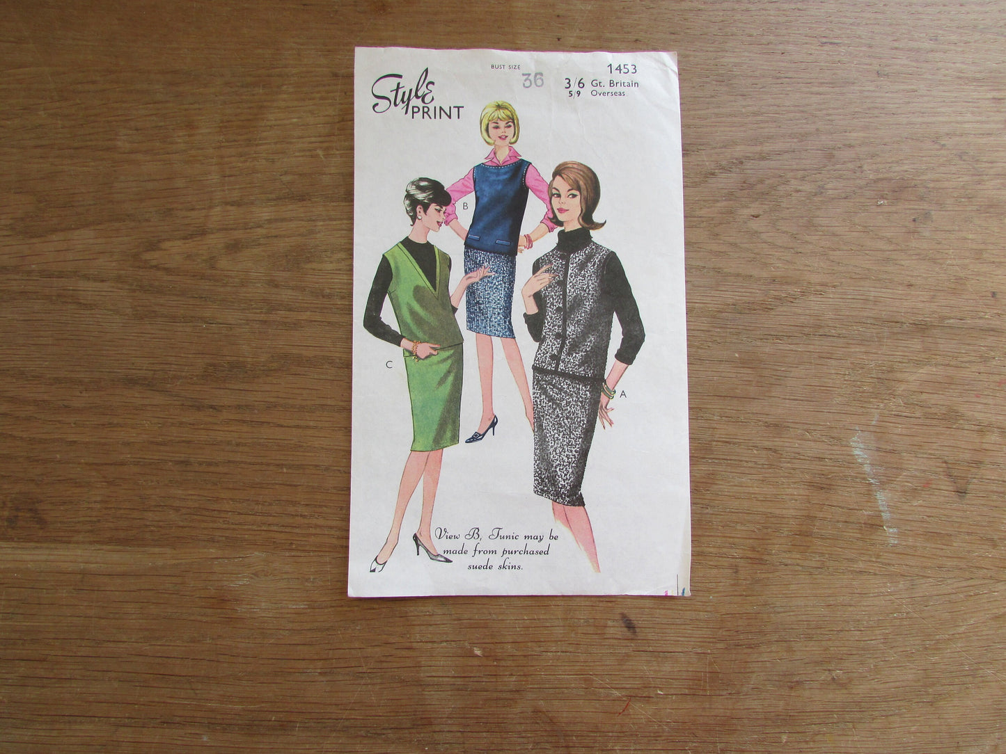 Part cut 1960s Style Print 1453 sewing pattern for misses' tunic & skirt, size 12 (complete)