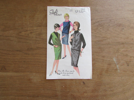 Part cut 1960s Style Print 1453 sewing pattern for misses' tunic & skirt, size 12 (complete)