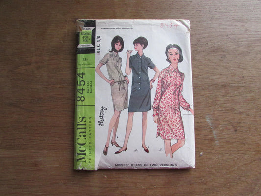 Part cut 1968 McCall's 8454 sewing pattern for misses' dress in two versions, size 12-14 (complete)