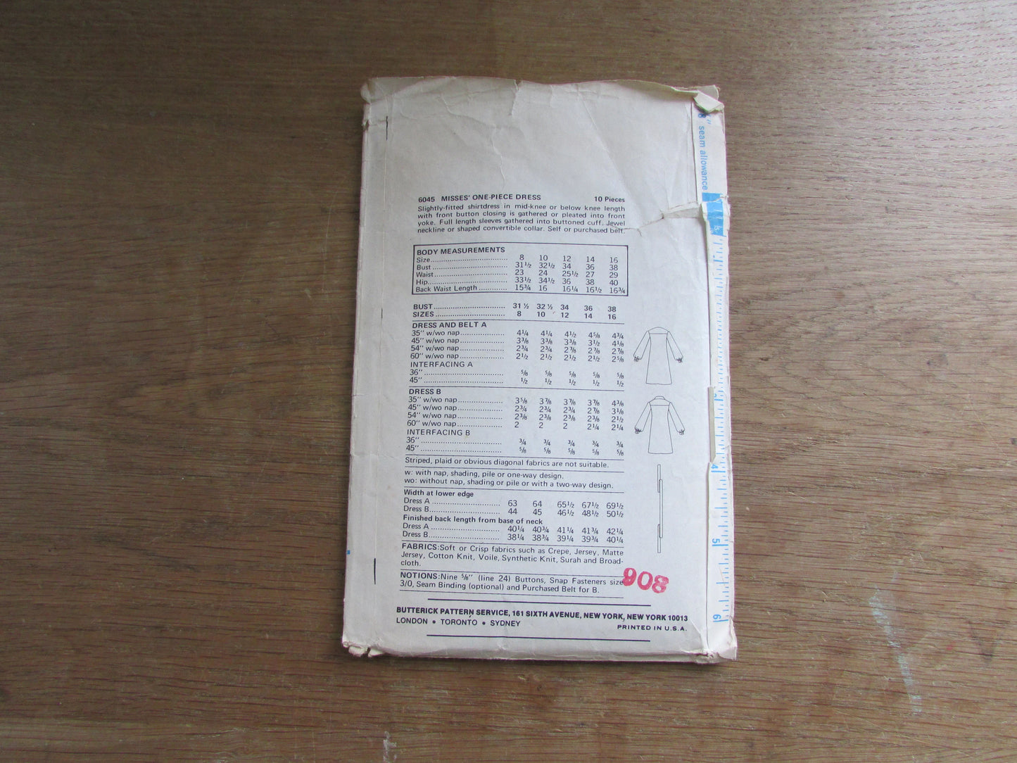 Used 1960s/70s Butterick 6045 sewing pattern for misses' one-piece dress, size 10 (complete)