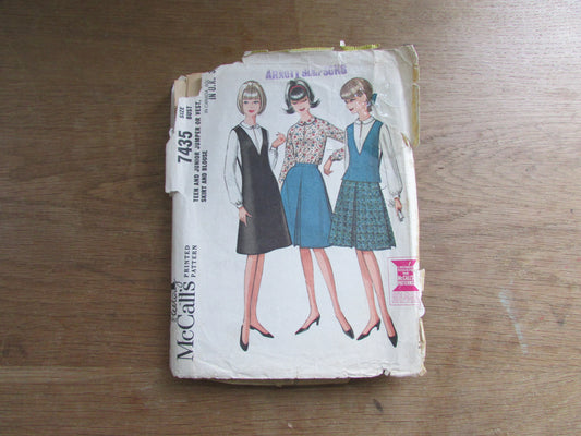 Part cut 1964 McCall's 7435 sewing pattern for teen & junior jumper or vest, skirt and blouse, size 14T (complete)