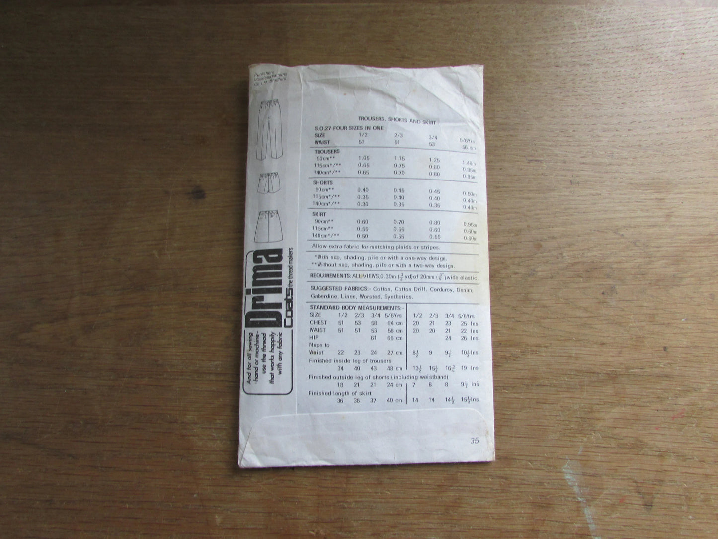 Part cut 1970s Maudella SO27 sewing pattern for child's trousers, shorts & skirt, ages 1/2 to 5/6 years (complete, cut to larger size)