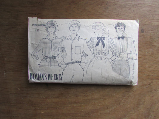 Part cut 1980s Woman's Weekly B872 sewing pattern for woman's shirt, & men's shirt, cut to size 16 (complete)