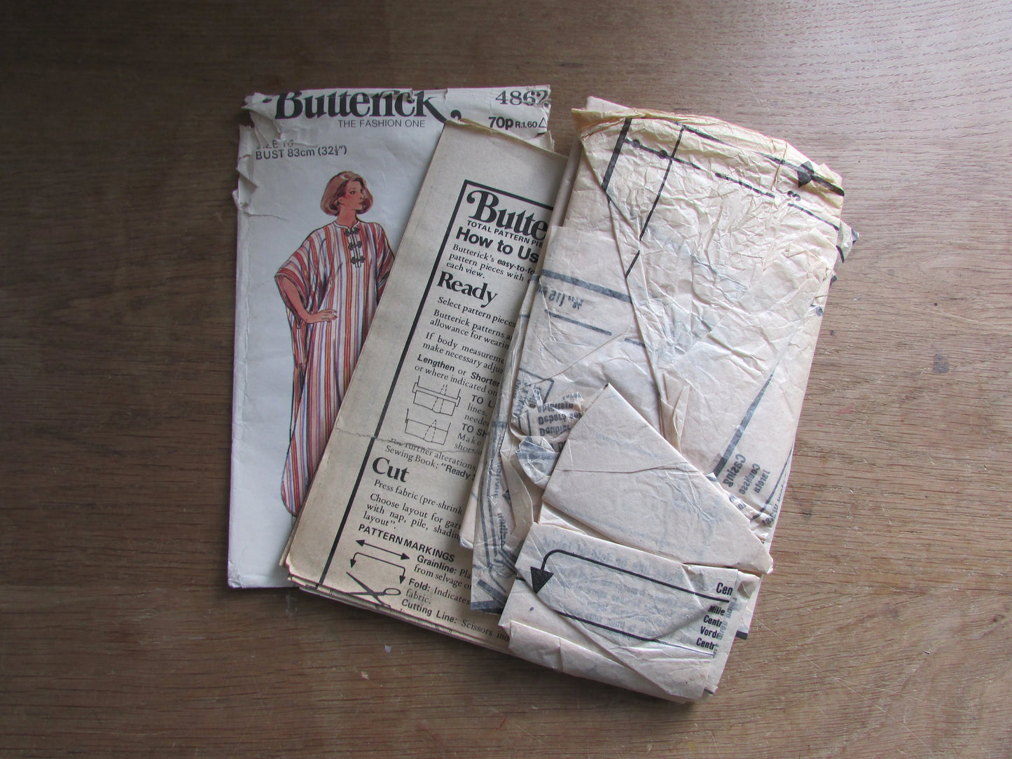 Part cut 1970s Butterick 4862 sewing pattern for caftan, briefs, swimsuit & belt, size 10 (complete)