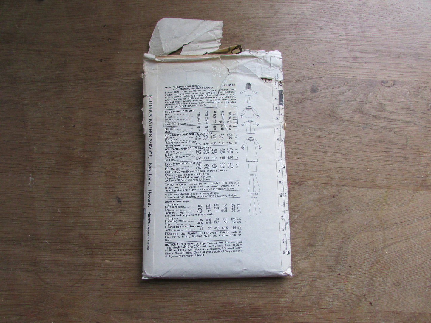 Part cut 1970s Butterick 4570 sewing pattern for children's & girls' nightgown, pajamas and doll, size 6 (complete)