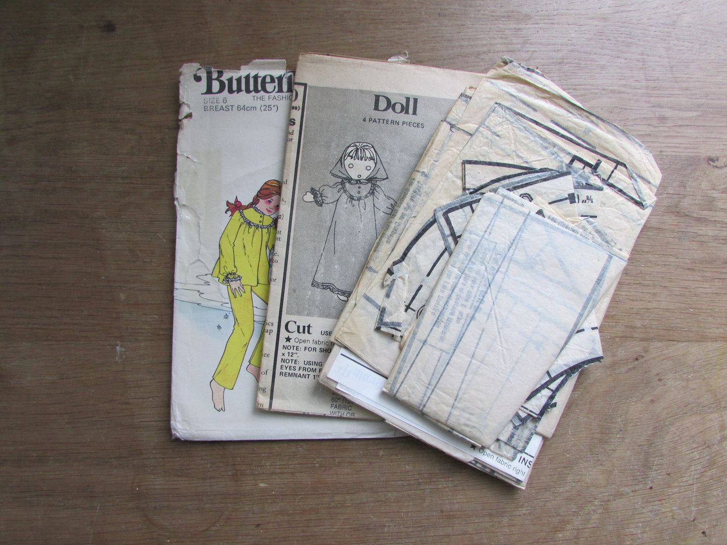 Part cut 1970s Butterick 4570 sewing pattern for children's & girls' nightgown, pajamas and doll, size 6 (complete)