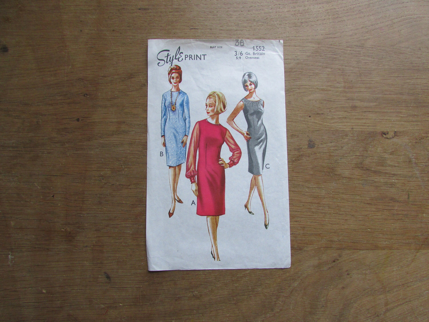 Part cut 1960s Style Print 1552 sewing pattern for misses' sheath dress with long fitted or chiffon shirt sleeve, size 12 (complete)