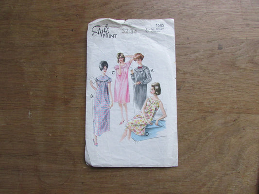 Used 1960s Style Print 1505 sewing pattern for misses' nightdresses, size 8-10 (complete, see description below)