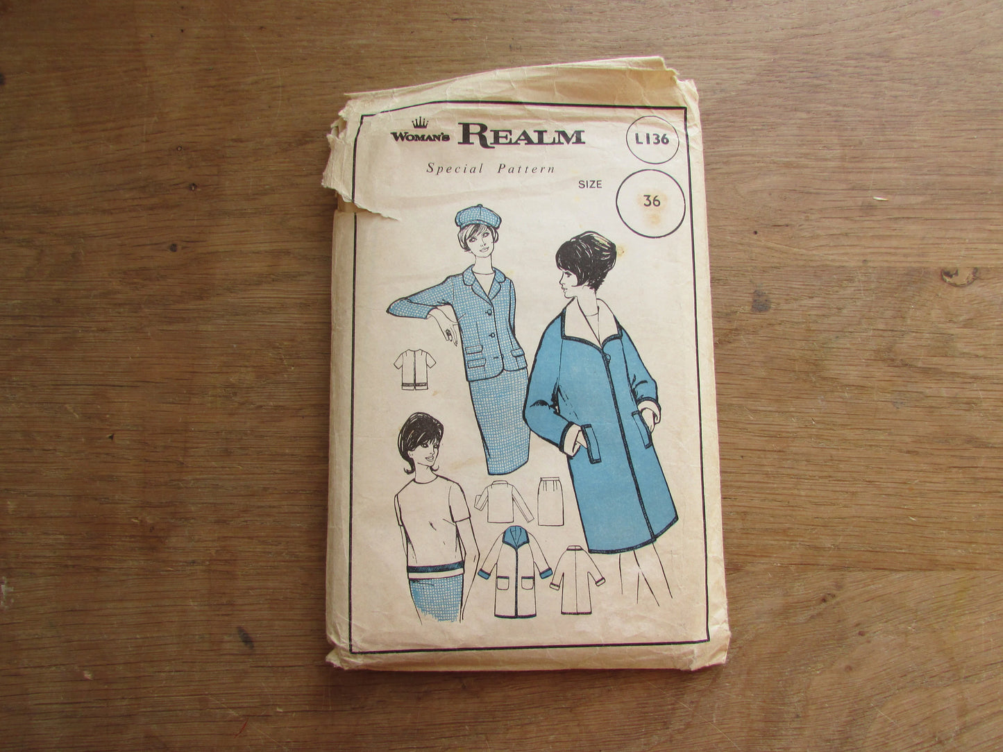 Used 1960s Woman's Realm L136 sewing pattern for misses' coat, jacket & skirt, size 12 (complete)