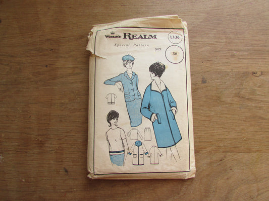 Used 1960s Woman's Realm L136 sewing pattern for misses' coat, jacket & skirt, size 12 (complete)