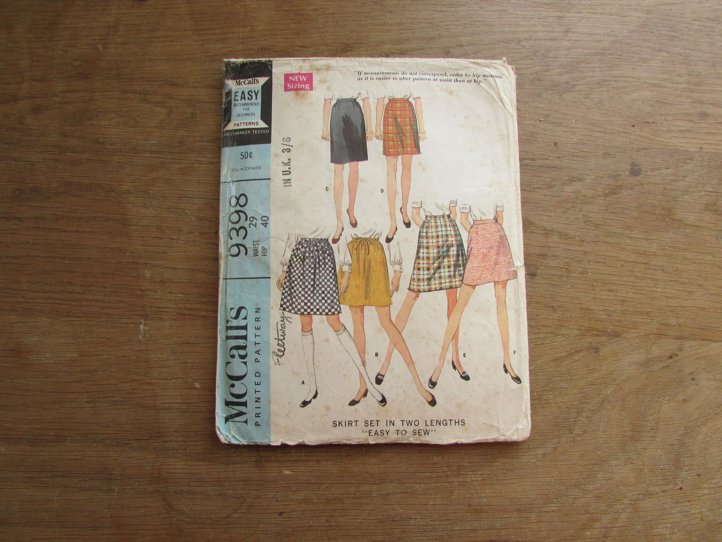 Part cut 1968 McCall's 9398 sewing pattern for "easy to sew" skirt set, size 12-14 (see description below)
