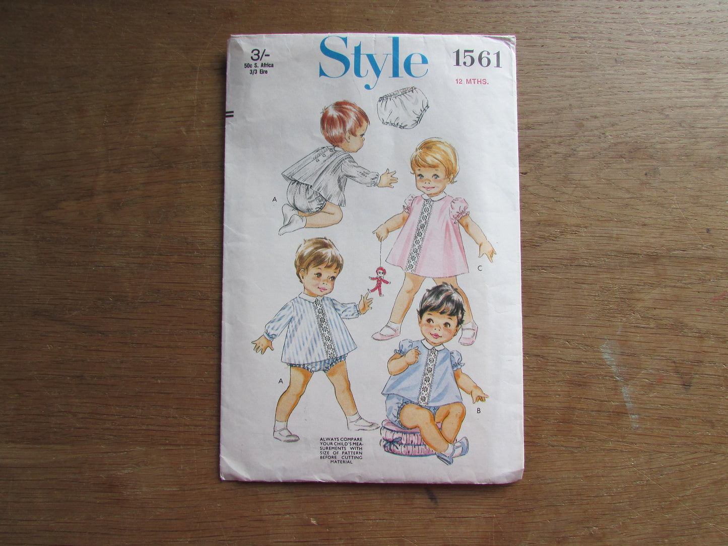 Part cut 1966 Style 1561 sewing pattern for tunic dress with matching pants, size 12 months (complete)