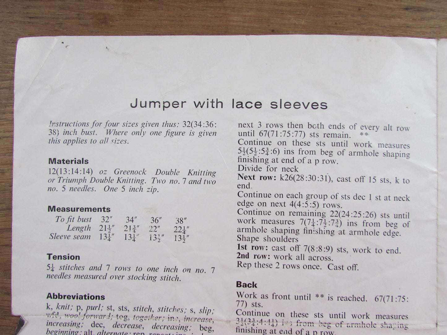 1966 Greenock 975 knitting pattern for jumper with lace sleeves