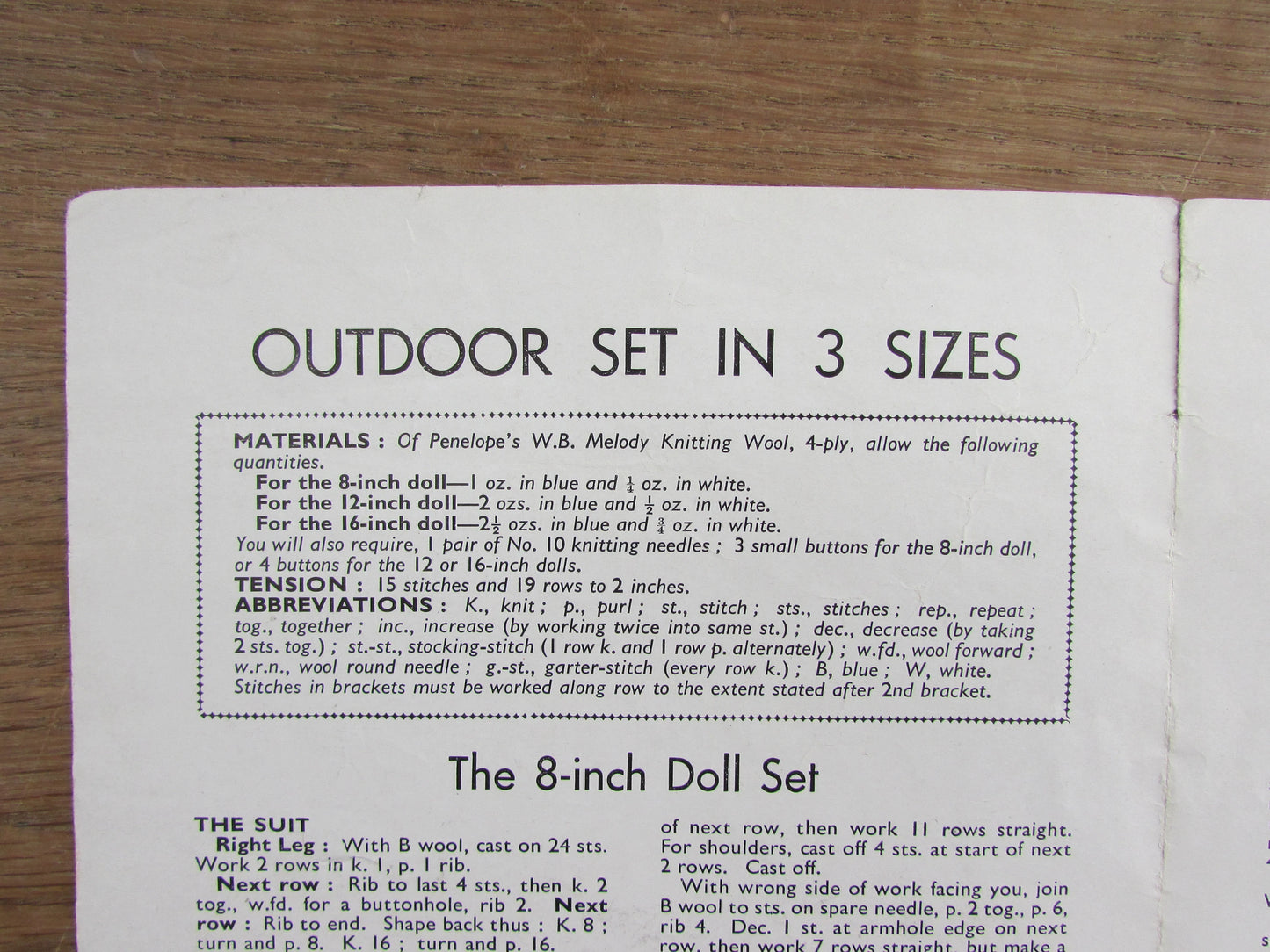 1940s Bestway B3027 knitting pattern for doll's outdoor set in 3 sizes