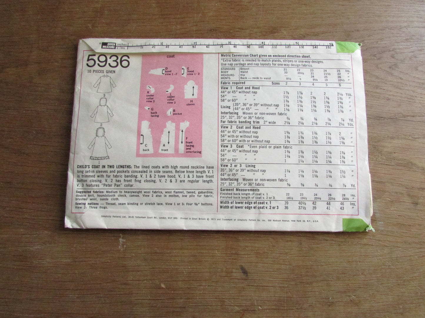 Part cut 1973 Simplicity 5936 sewing pattern for child's coat, size 4 (complete)