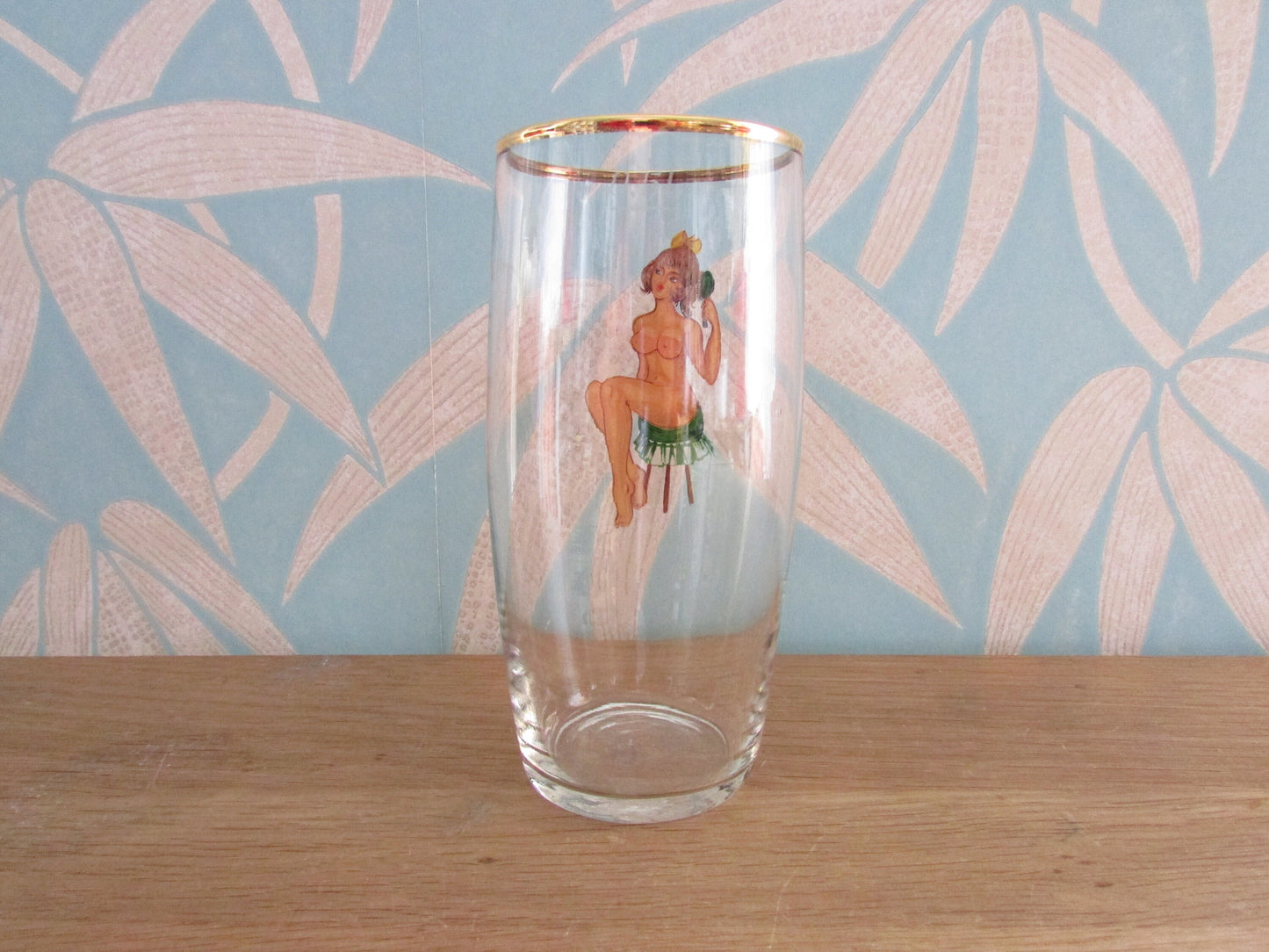 Mid-century gentleman's risqué pin-up girl pint glass, reverse decal