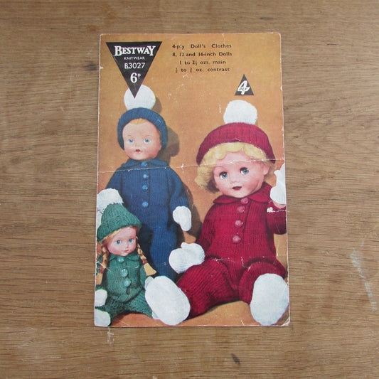 1940s Bestway B3027 knitting pattern for doll's outdoor set in 3 sizes