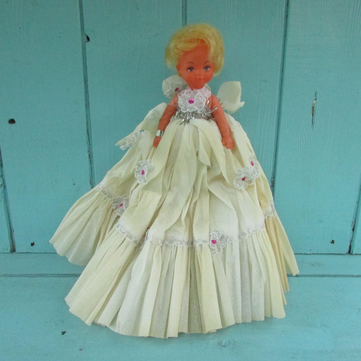 Vintage handmade Christmas tree fairy with crepe dress & foil shoes