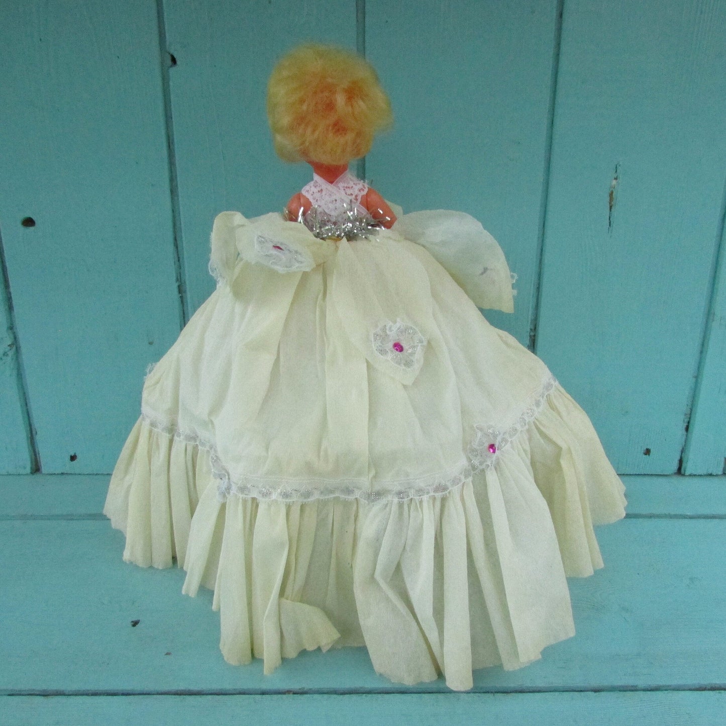 Vintage handmade Christmas tree fairy with crepe dress & foil shoes