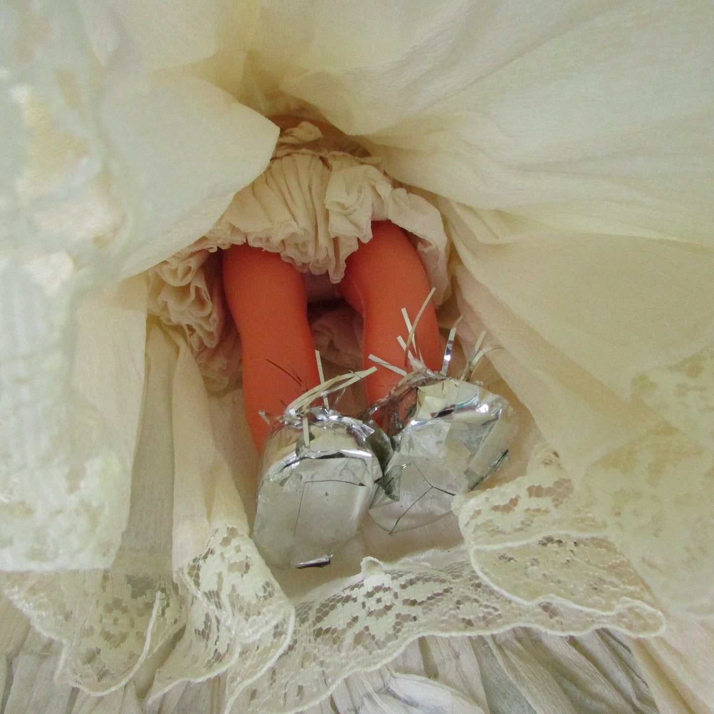 Vintage handmade Christmas tree fairy with crepe dress & foil shoes