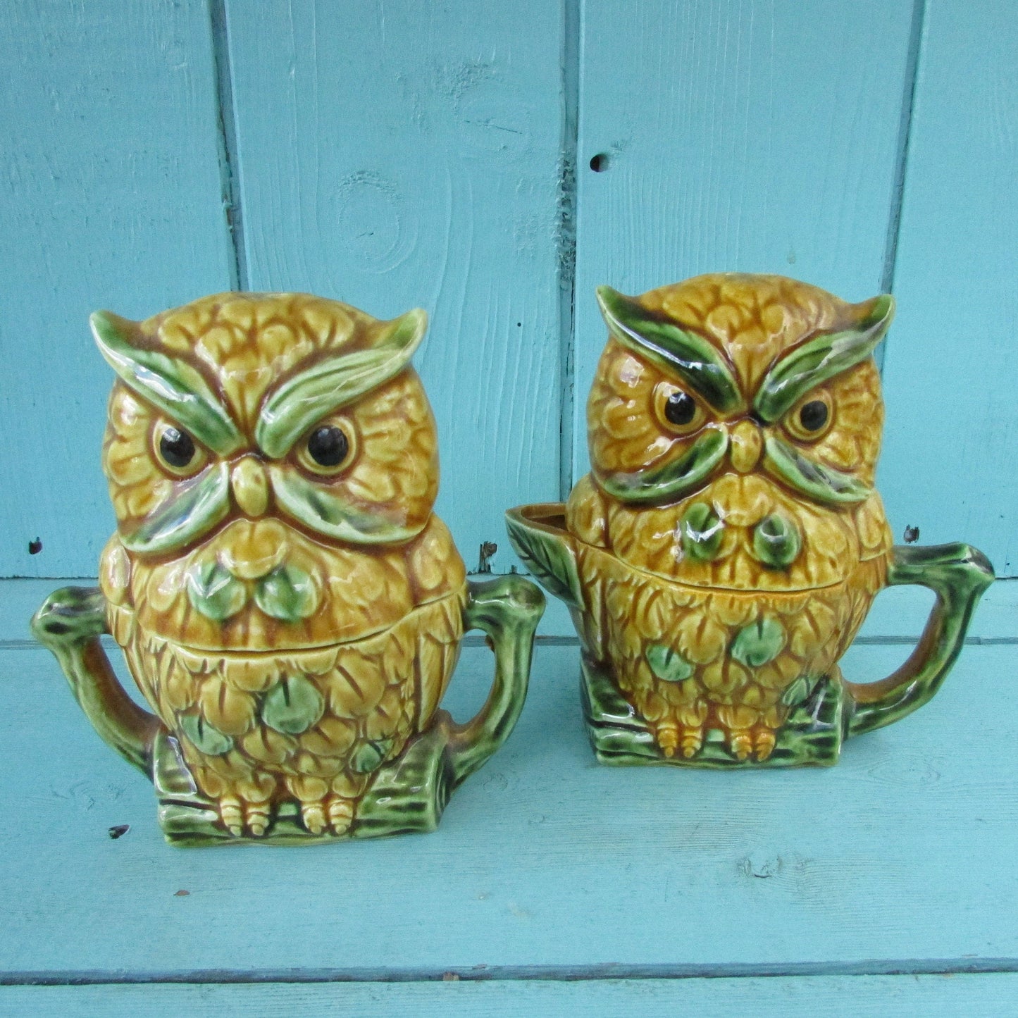 Vintage Royal Sealy Kaycoware ceramic owl cruet & creamer set, made in Japan