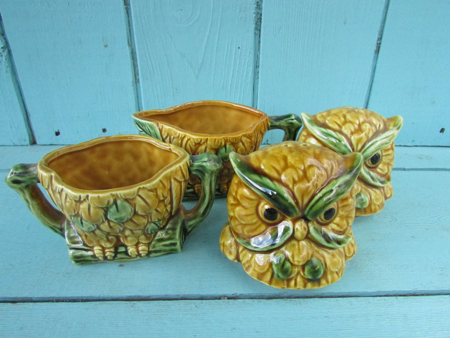 Vintage Royal Sealy Kaycoware ceramic owl cruet & creamer set, made in Japan