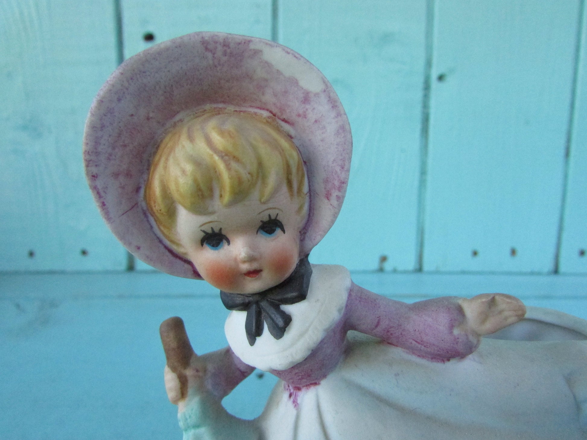 1960s Napco-style porcelain doll in bonnet with green parasol planter, marked Foreign