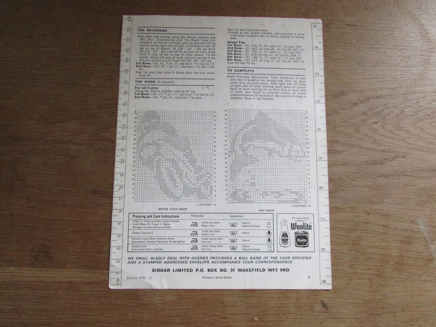 1970s Sirdar 5793 knitting pattern for chunky knit jacket with motorcycle or fish motif