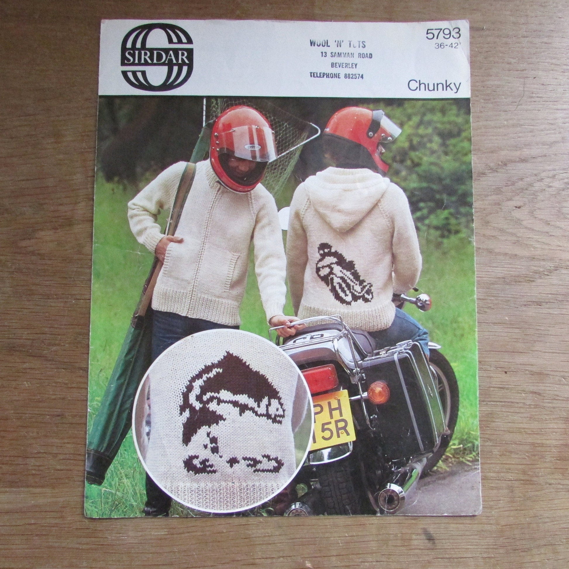 1970s Sirdar 5793 knitting pattern for chunky knit jacket with motorcycle or fish motif
