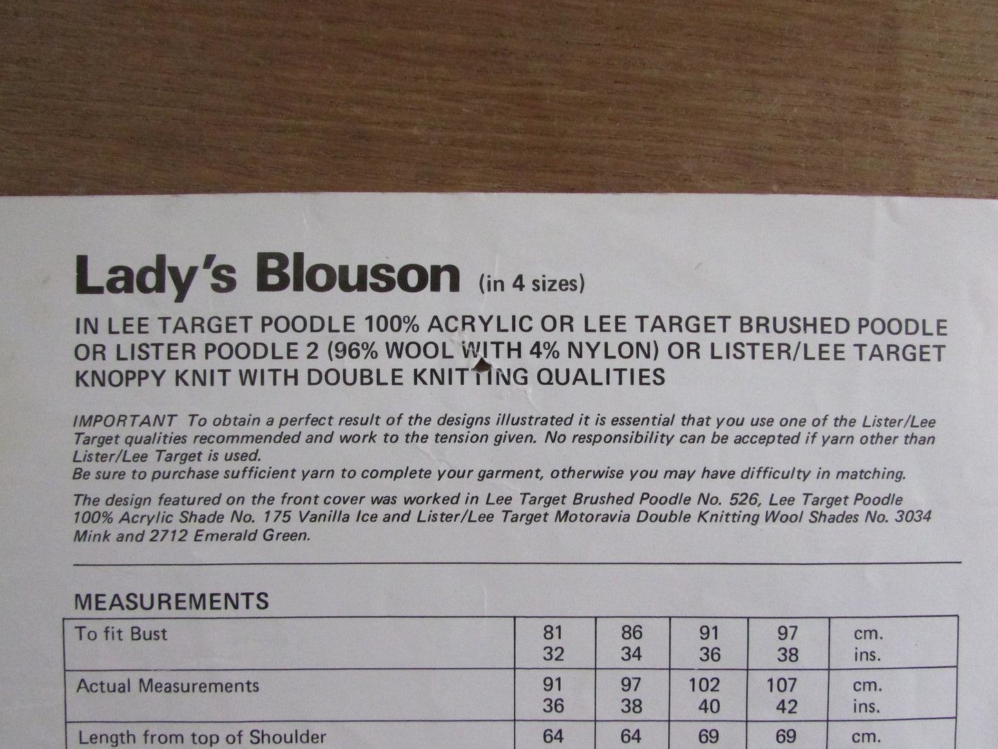 1970s Lee Lister K1055 knitting pattern for lady's blouson
